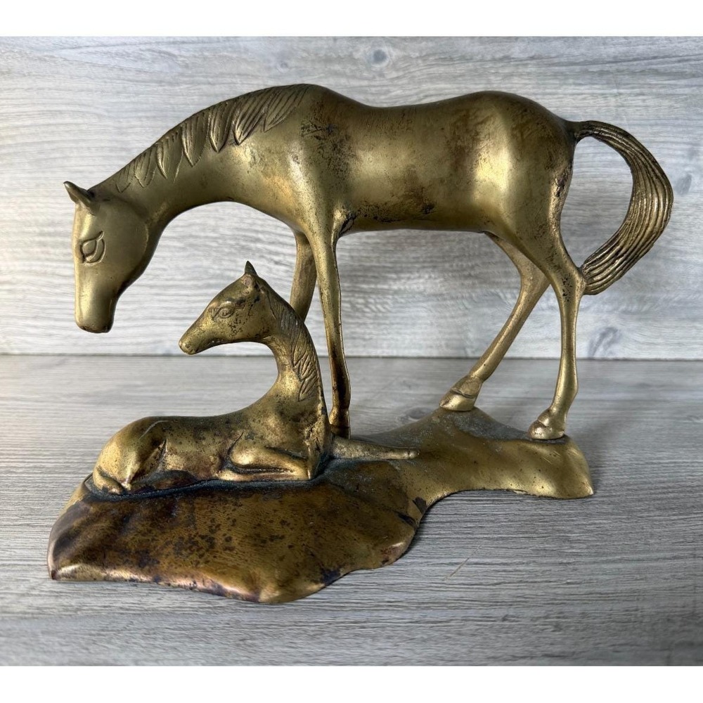 Large Brass Statue Of Horses Mother & Colt Mare & Foal Vintage MCM Decor Retro